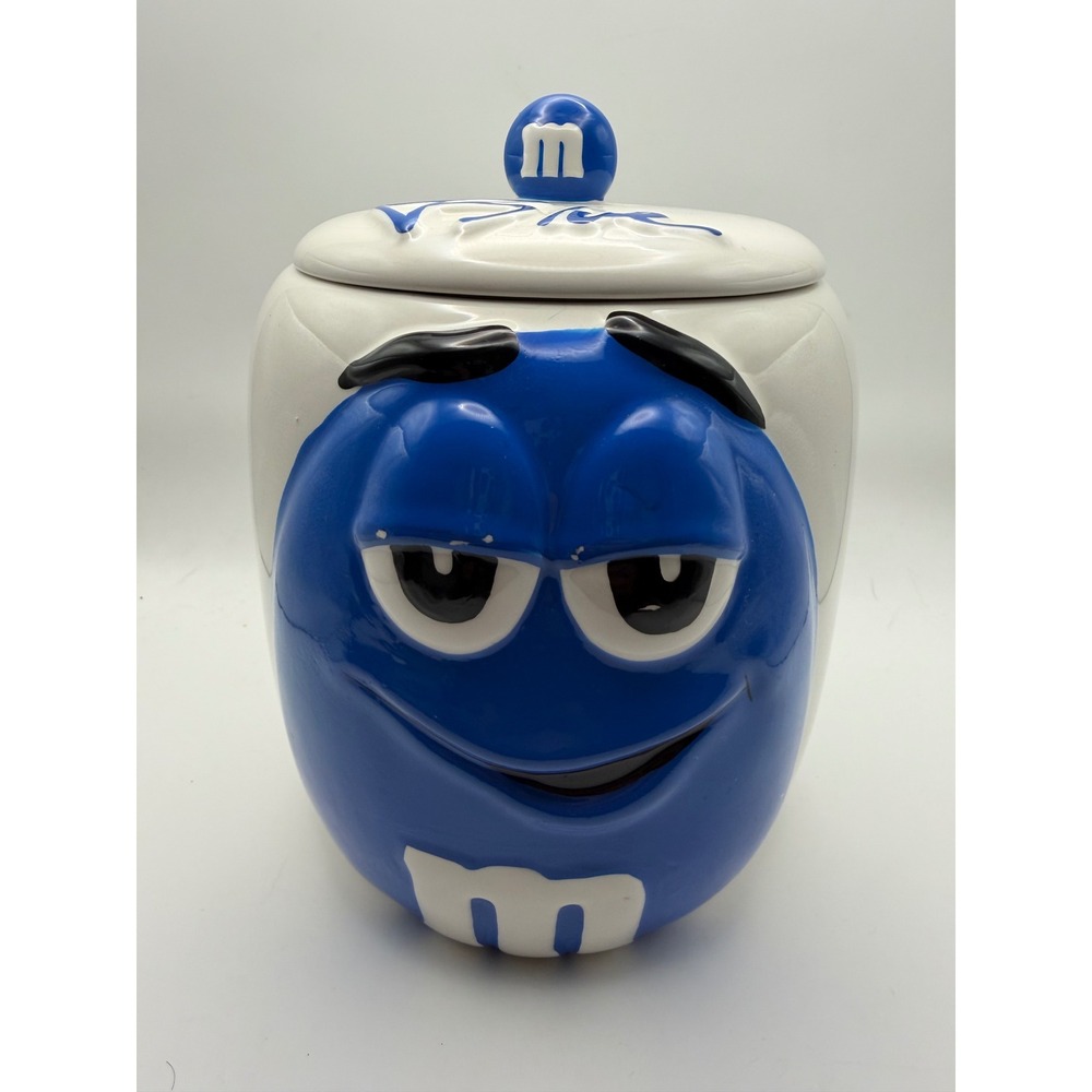 M&M's Blue Character Ceramic Cookie Jar Candy Canister Galerie Blue Lid 6.5"